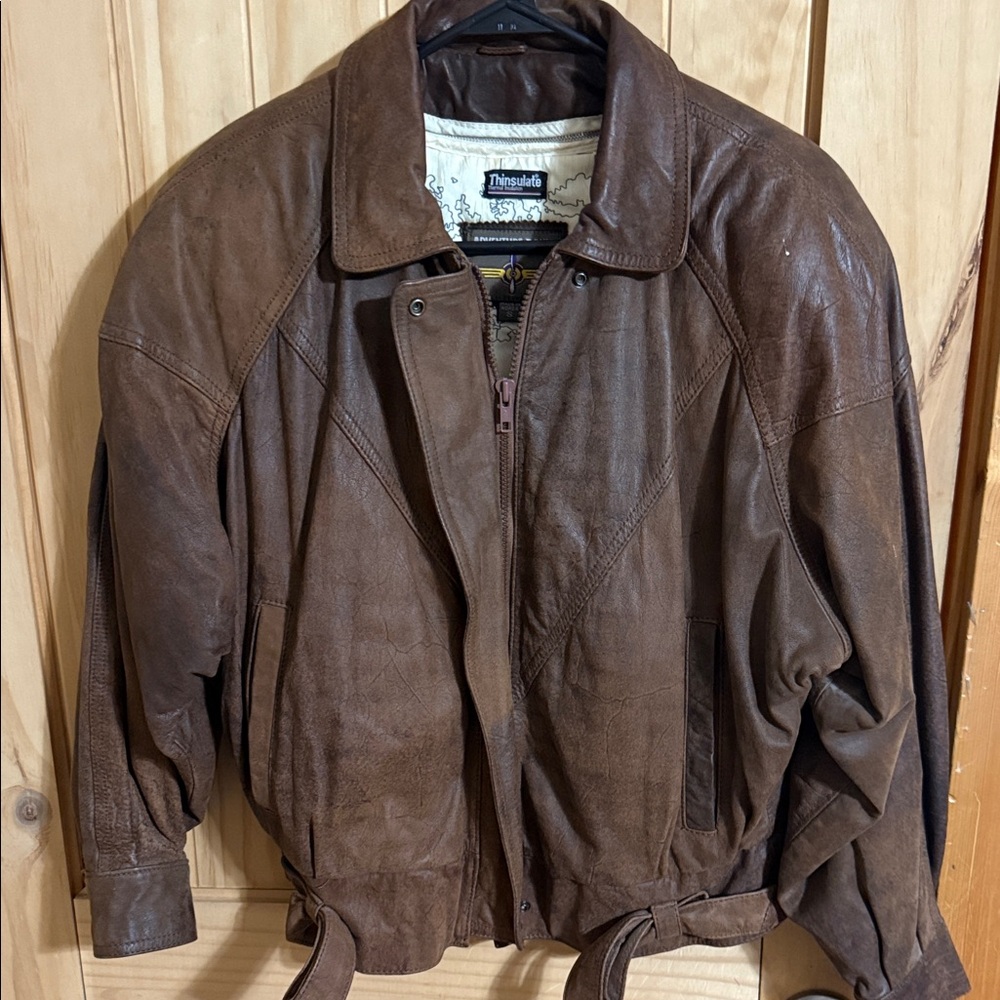 Men's Brown Leather Bomber Jacket - 3M Thinsulate Insulation